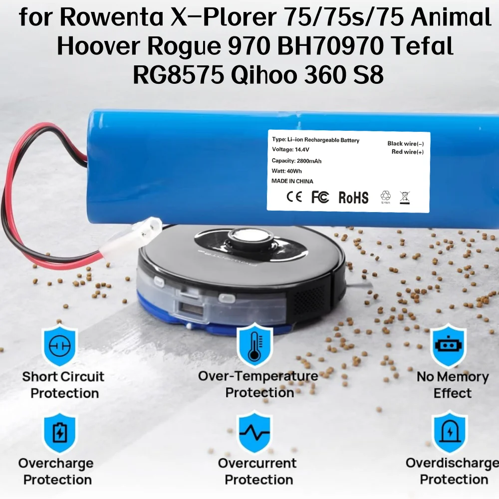 

14.4V 2800mAh Li-ion Robot Vacuum Battery for Rowenta X-Plorer 75/75s/75 Animal Rogue 970 BH70970 Tefal RG8575.