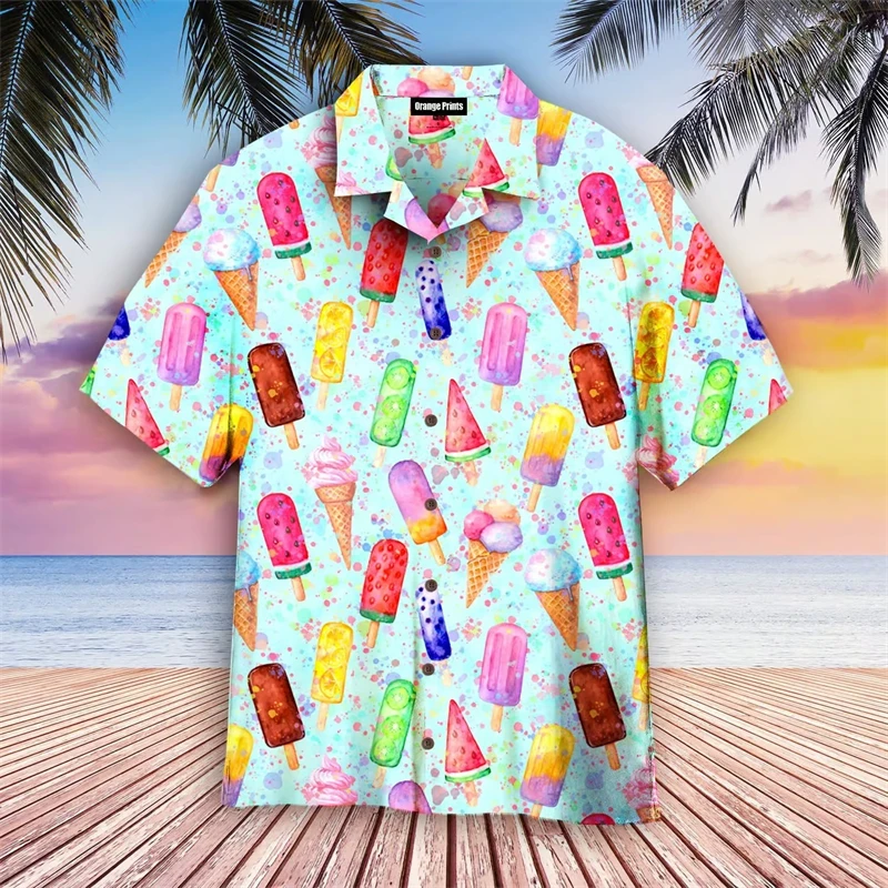 Summer Ice-cream Men\'s Holiday Lapel Camisa Oversized Hawaiian Shirts 3d Print Fashion Men Women Beach Short Sleeve Blouse Tops