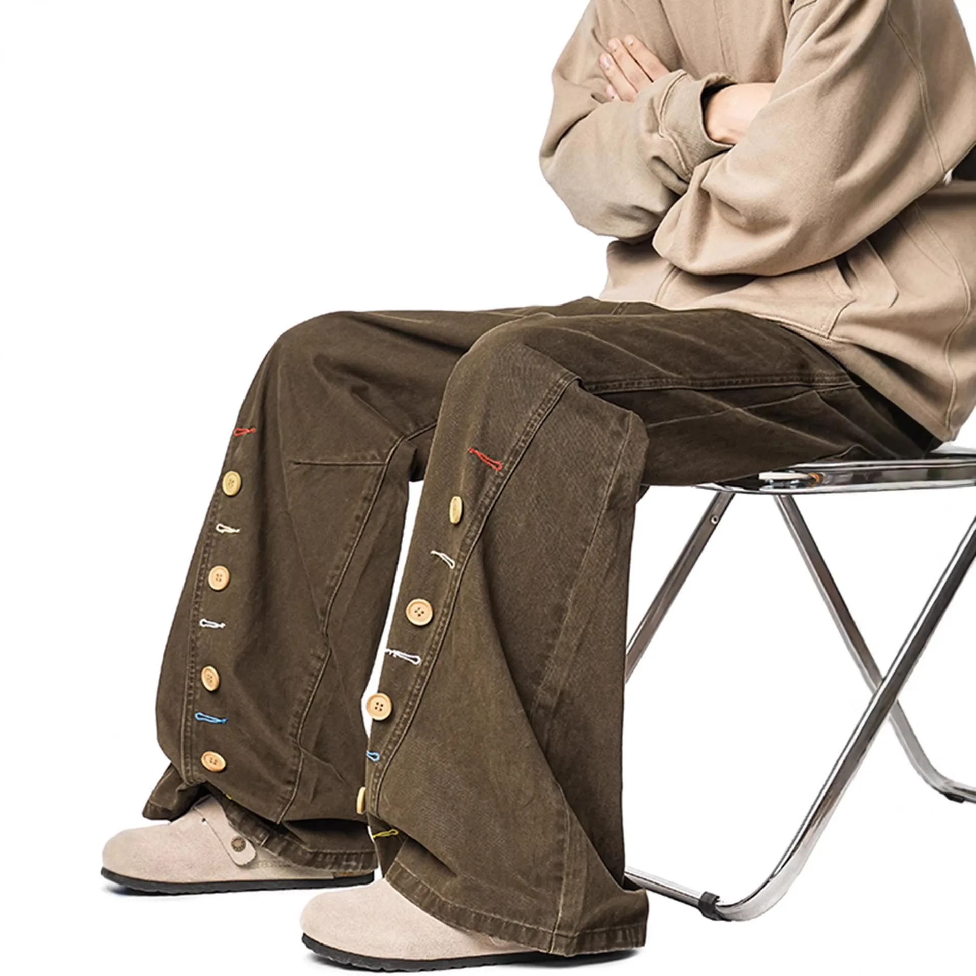 2026 Spring Men Retro Button Design Brown Baggy Jeans Casual Curved Straight Denim Pants High Street Y2K Cargo Pants
