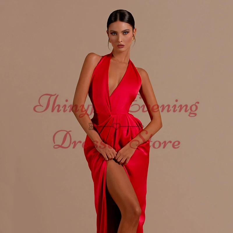 Thinyfull gaun malam Prom putri duyung seksi gaun malam Split tinggi leher Halter merah gaun malam pesta koktail Formal ukuran kustom