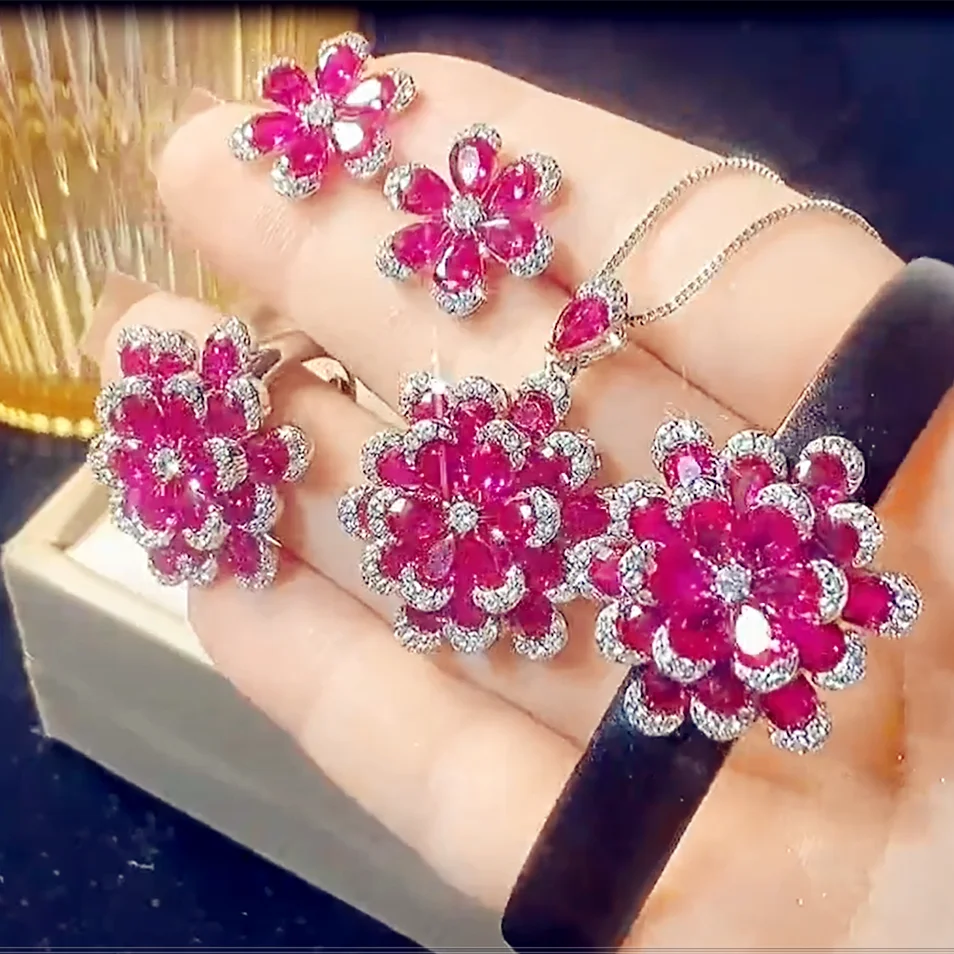 

Flower Set for Women 5pcs Bracelet Earring Necklace Ring Sets Rose Red Gemstone Fashion Jewelry Fine Party Accessories