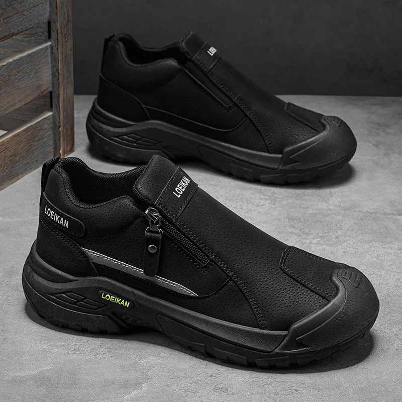 Men Side Zipper Suede Work Shoes Non Slip Thick Sole Outdoor Casual Hiking Sneakers Khaki Black