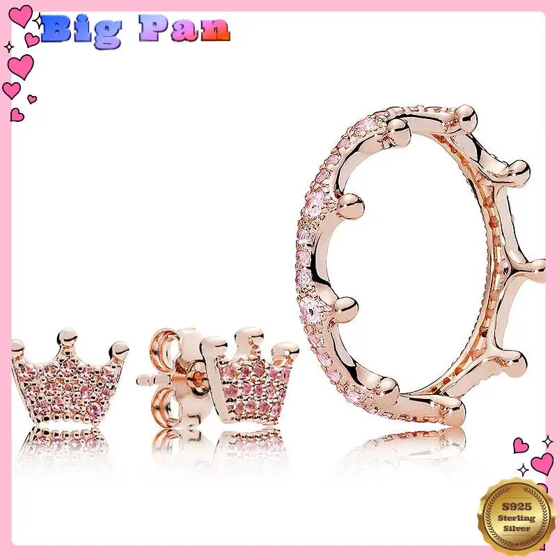 

New 925 Sterling Silver Rose Pink Enchanted Crown Earring Ring With Crystal For Women Jewelry Set Birthday Gift 2025