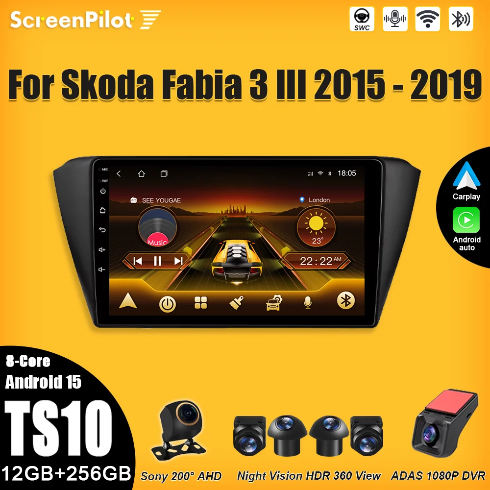 For Skoda Fabia 3 III 2015 2016 2017 2018 2019 Android 16 Multimedia Video Player GPS Navigation Wireless Android Auto 8 Core