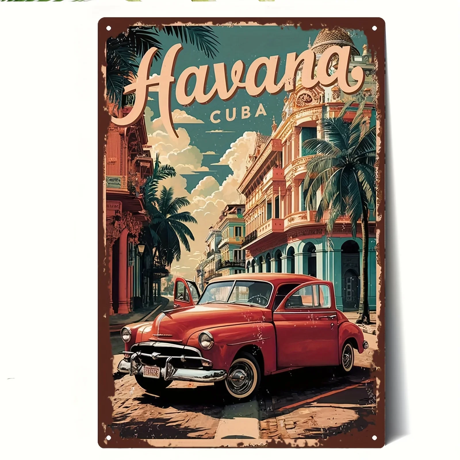 2D Flat - 1 Vintage Havana Cuba Metal Sign Retro Wall Art, Featuring Classic Red Cars and Tropical Street Scenes | Perfect for the Bedroom