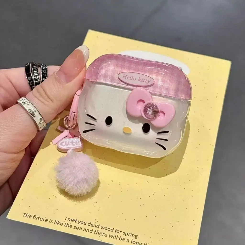 Cartoon Pink Kitty Cat Bow Earphones Case for Apple AirPods Pro 3 Pro2 4 3 2 1  Protective Sleeve with Keychain - view 5