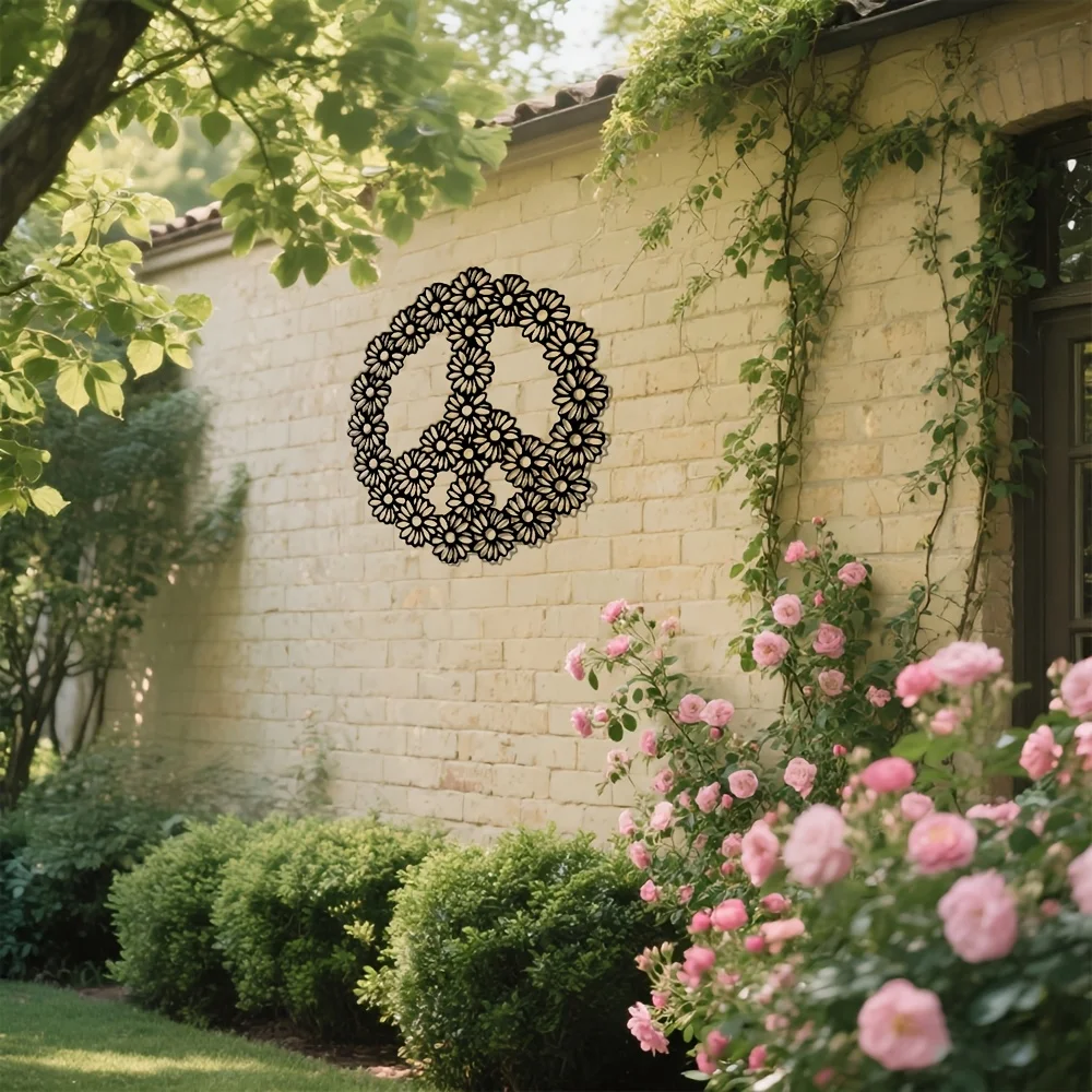 CIFbuy Metal Wall Art Modern Peace Sign Flower Iron Panel Waterproof Slim Decor For Living Room Bedroom Office Game Room