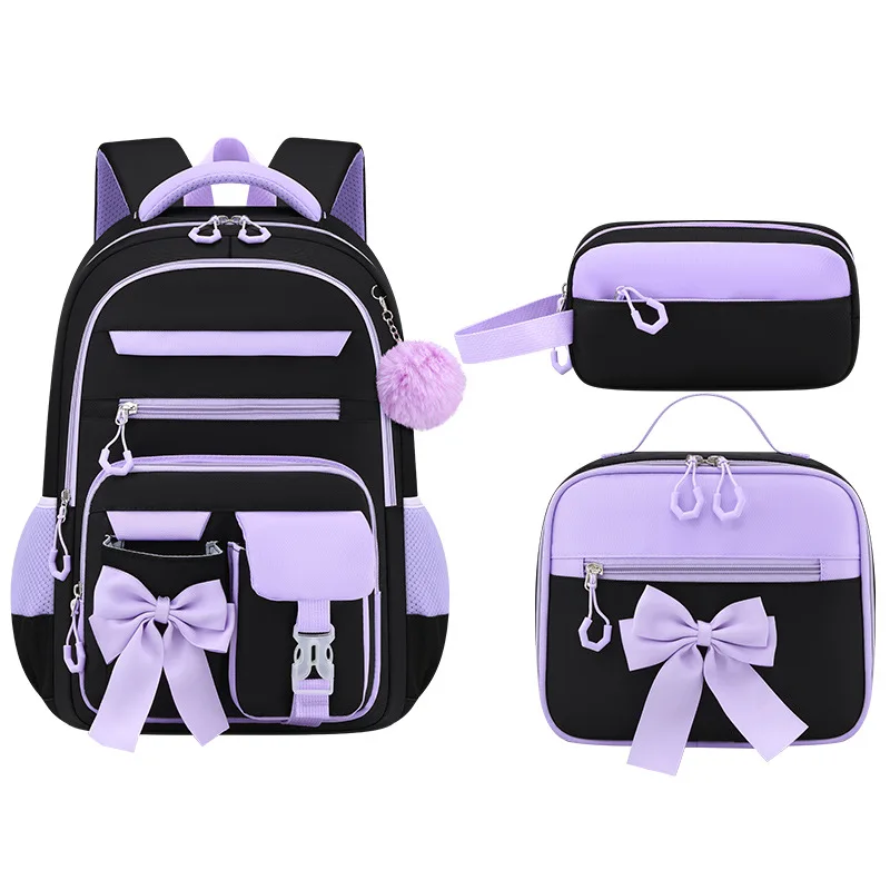3pcs Cute Bowknot School Backpack for Girls Large Capacity Rucksack with Lunch Bag & Pencil Case Lightweight Kid School Supplies