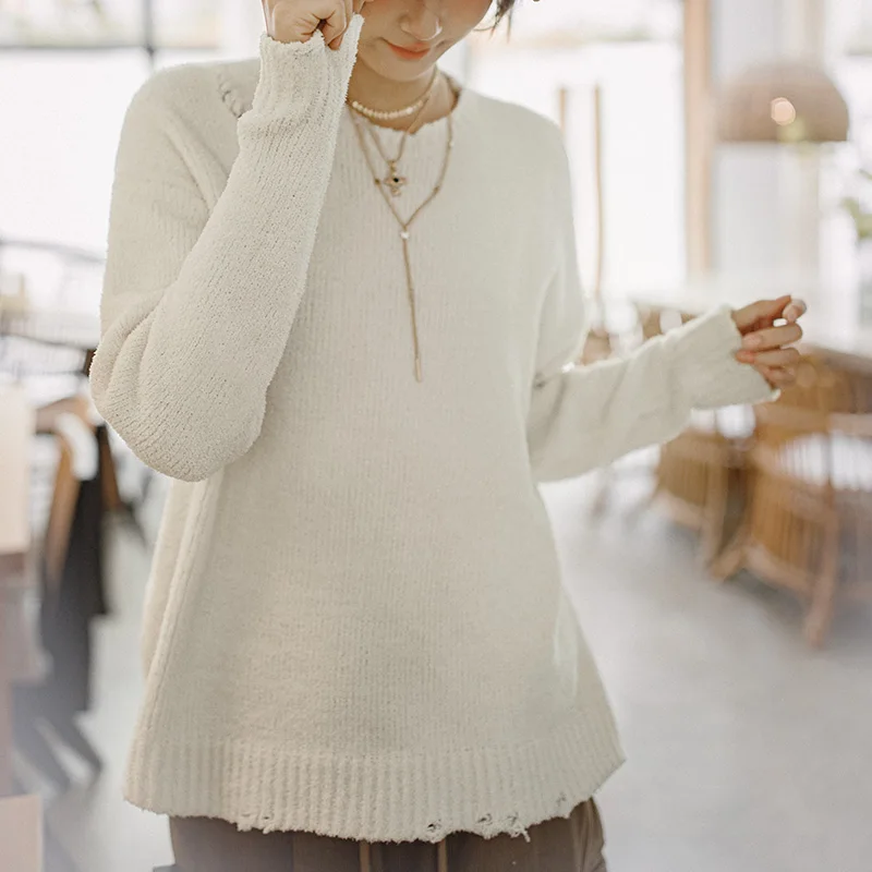 Maden New Distressed Design knitted Sweater Beige Round-neck Pullover Versatile Warm Inner-wear Casual Tops for Women's Autumn