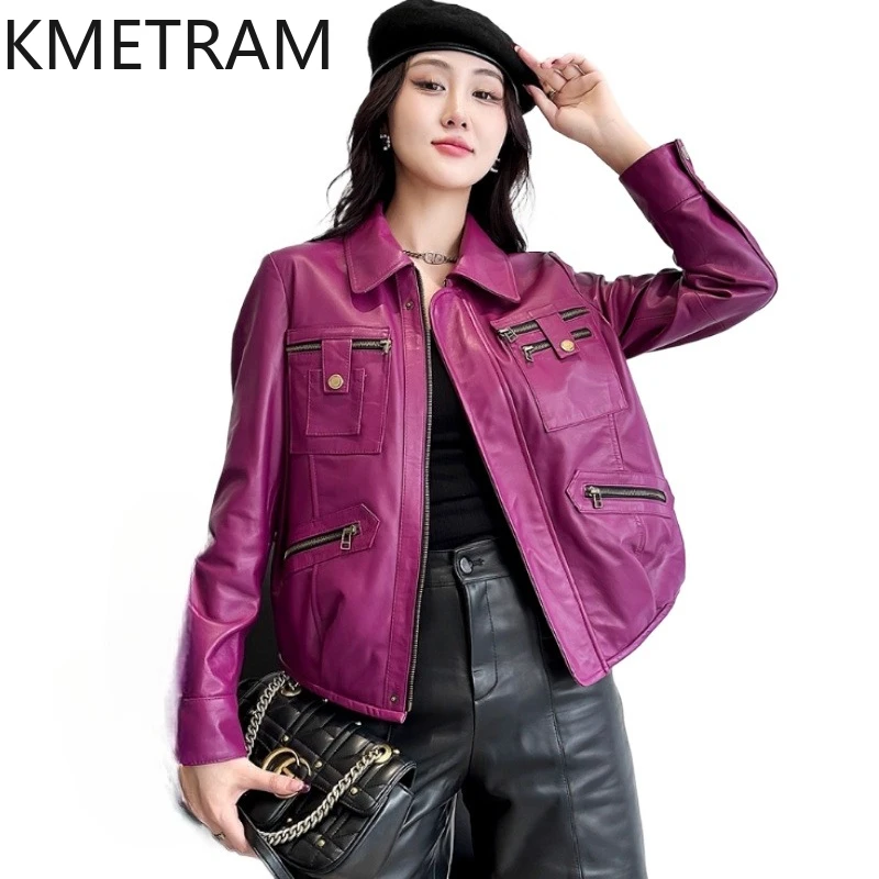 100% Top Layer of Sheepskin Jacket Woman Purple Biker Genuine Leather Jackets New in Outerwears Fall Clothes 2025 Women дубленка