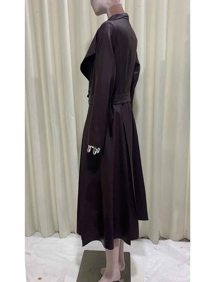 Primavera otoño largo suave falda fluida café Pu abrigo de cuero mujeres chal cuello fajas elegante Chic ropa de diseñador de lujo 2025