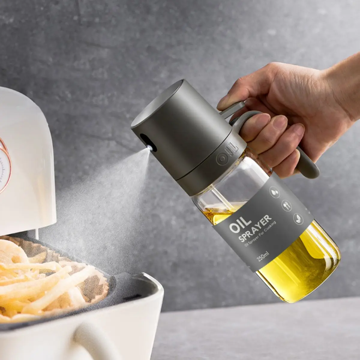 1948 vendite calde 】flacone Spray per olio 250ml dispenser per olio da cucina in vetro borosilicato alto spruzzatore per olio d'oliva Mister per insalata di friggitrice ad aria