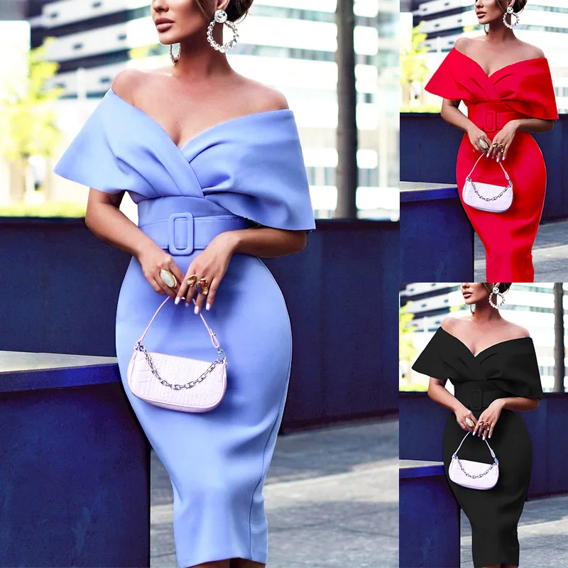 

Customized Off-the-Shoulder V-Neck Dress Sexy Solid Color Cinched Waist Fashion Dress for Women