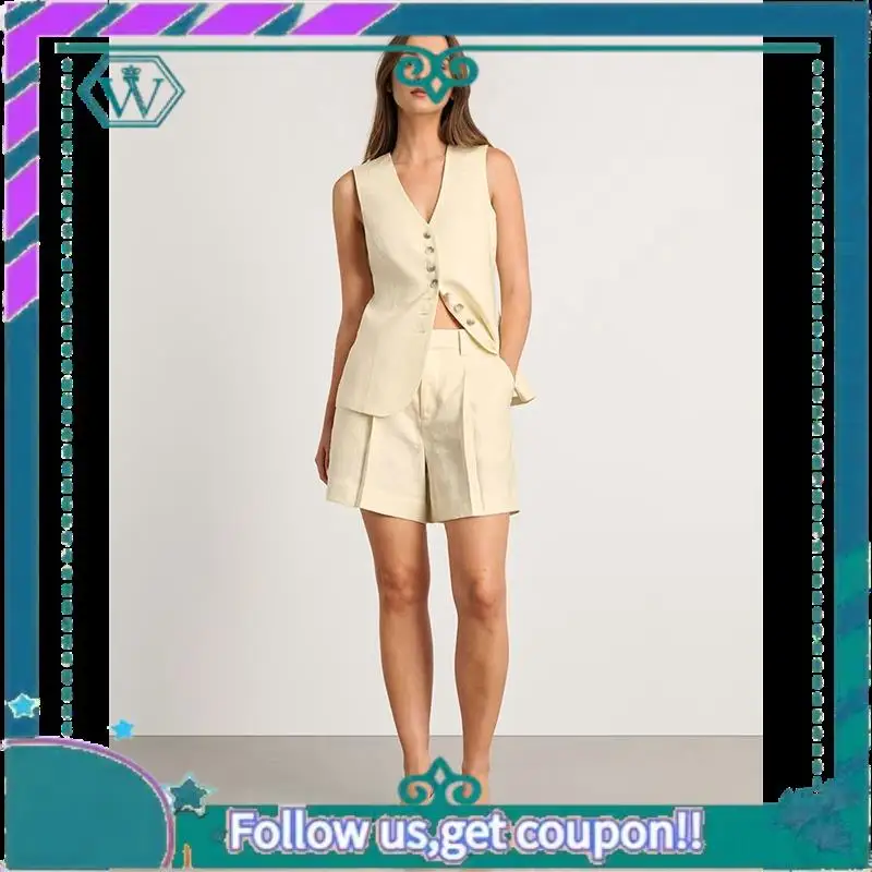 

A09P Women's Round Neck Summer Cotton And Linen Sleeveless Slim Vest Work Casual Cotton Suit Vest Shorts Set