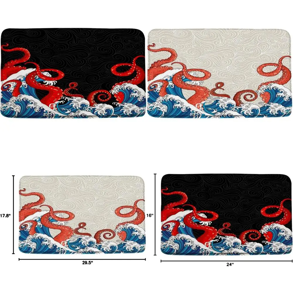 

red kraken tentacles ocean wave bath mat with blue waves, inspired by japanese art and marine life