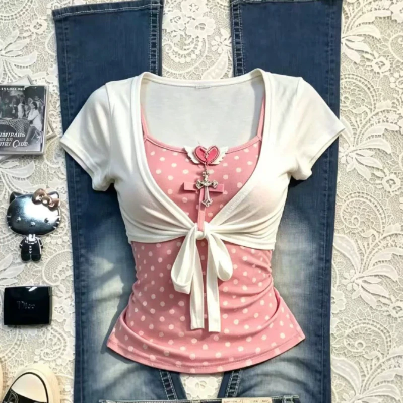 Summer Sweet Kawaii Slim 3 Piece Set Women Casual Short Cardigan + Hot Girl Sexy Polka Dot Print Vest + Y2k Cute Mini Skirt New
