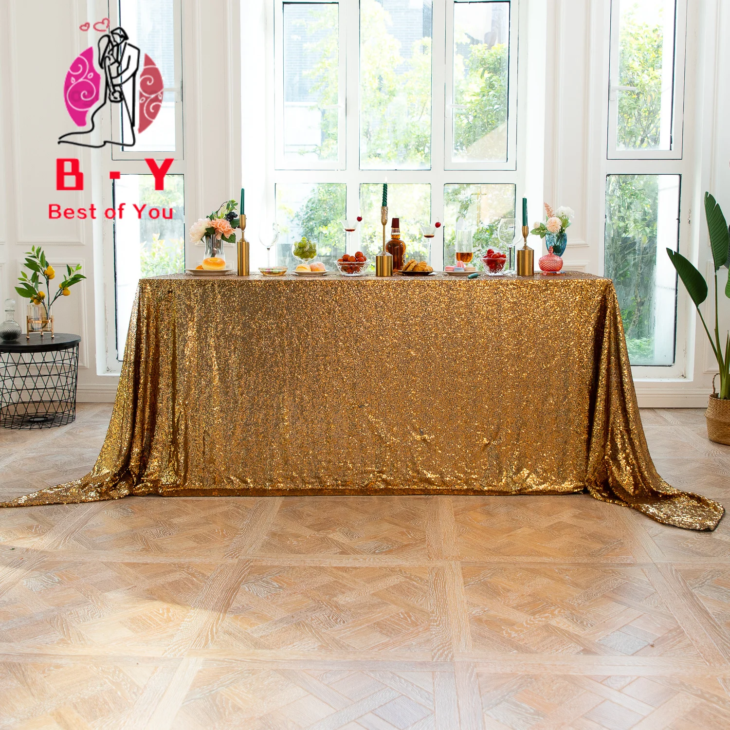 Pink Gold Tablecloth 90x132in Glitter Round Rectangular Embroidered Sequin Table Cover for Wedding Party Christmas Decor