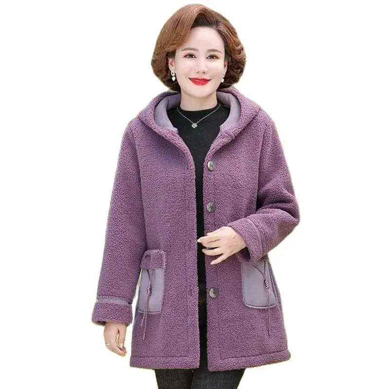 New Mother Autumn And Winter Wool Hooded Coat Middle-aged And Elderly Women Fashion Foreign Lamb Wool Warm Cotton-Padded Clothes