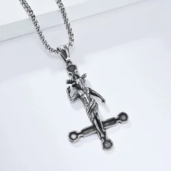 Men Cross of St. Peter Pendant Baphomet Goat Satanic Satan Demon Devil Statement Necklace Stainless Steel Fashion Jewelry