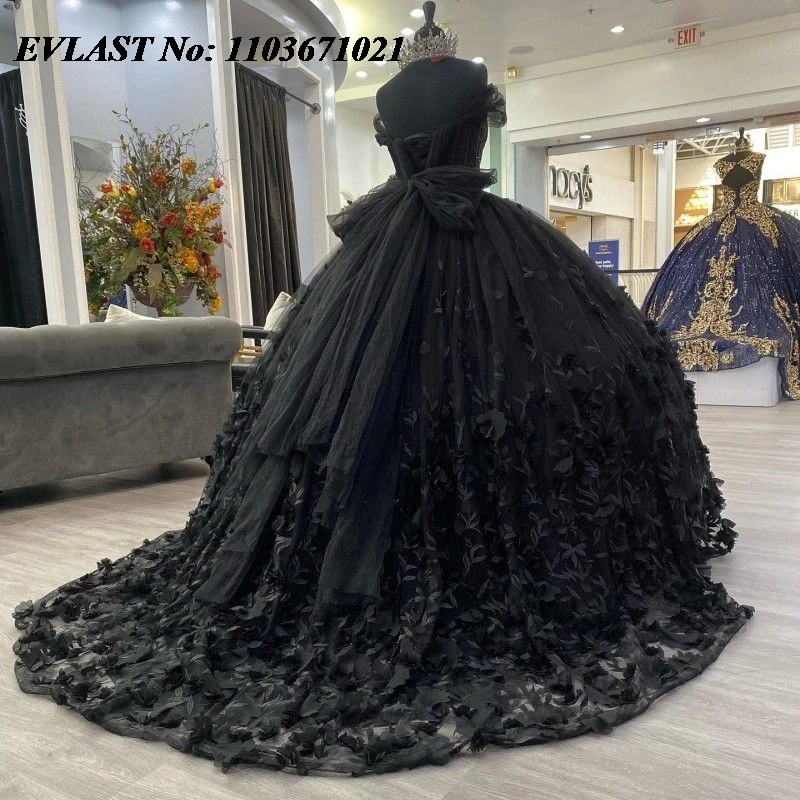 EVLAST Mexican Black Quinceanera Dress Ball Gown Floral Applique Beading With Bow Corset Sweet 16 Vestidos De XV 15 Anos SQ25