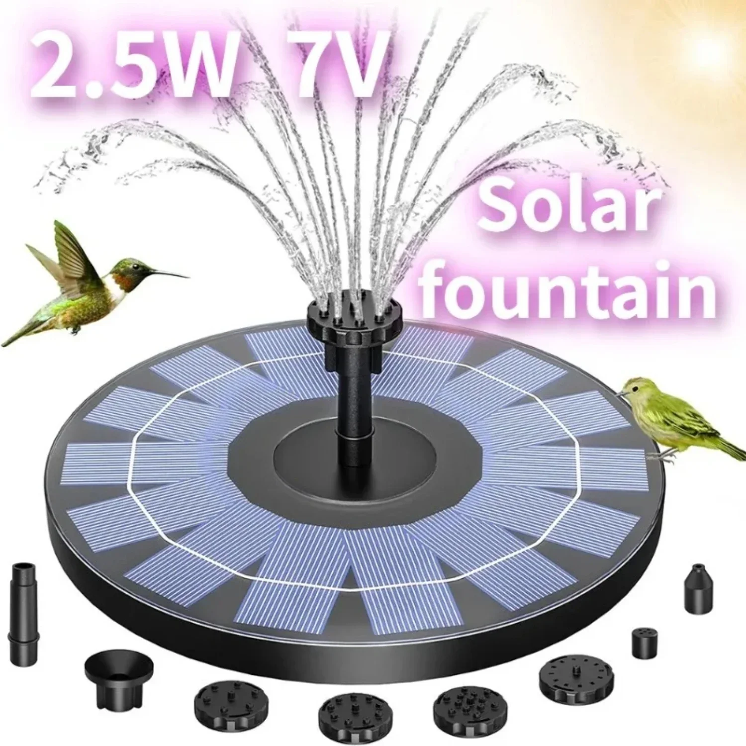 

Highly efficient 2.5W Outdoor Solar Fountain Perfect for enhancing your Garden Pond. Complete Solar Fountain Kit with 6 Nozzles