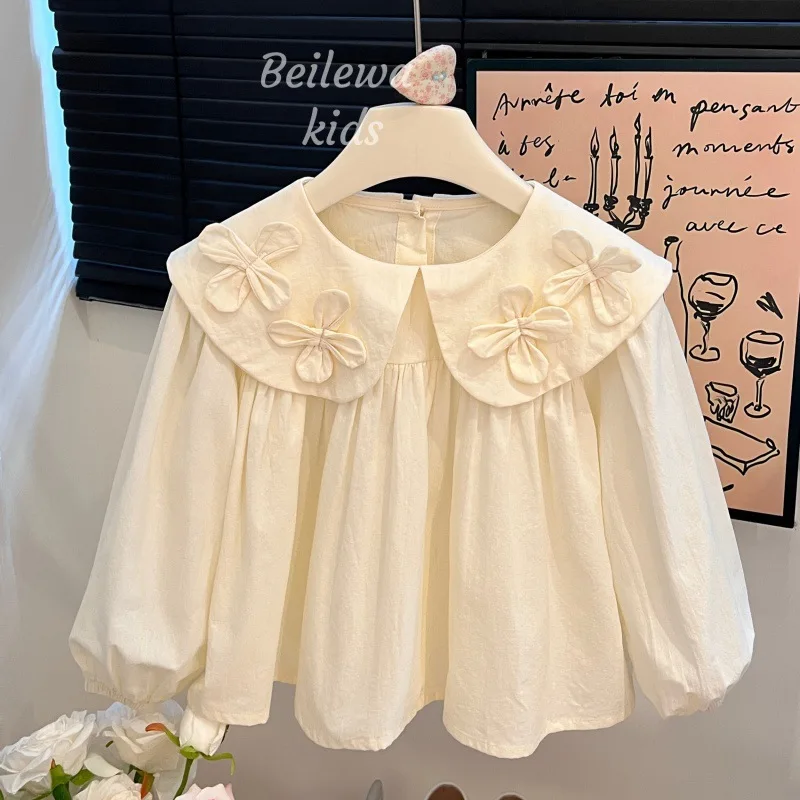 New Arrival Toddler Girl Academy Style Doll Collar Top, Stereo Flower Embellishment, Elegant Spring Daily Outfit for 90-140cm