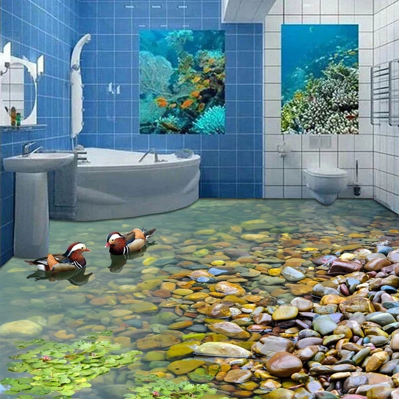Custom Mural Cobblestone Ducks 3D Bathroom Floor Stickers Self-adhesive Wallpaper Wall Home Decor Waterproof papel DE parede