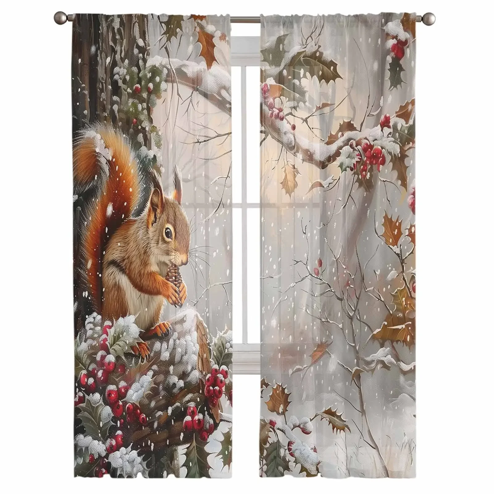 Christmas Squirrel Snowflake Pine Tree Sheer Curtains for Living Room Bedroom Home Hotel Coffee Decor Chiffon Tulle Curtains