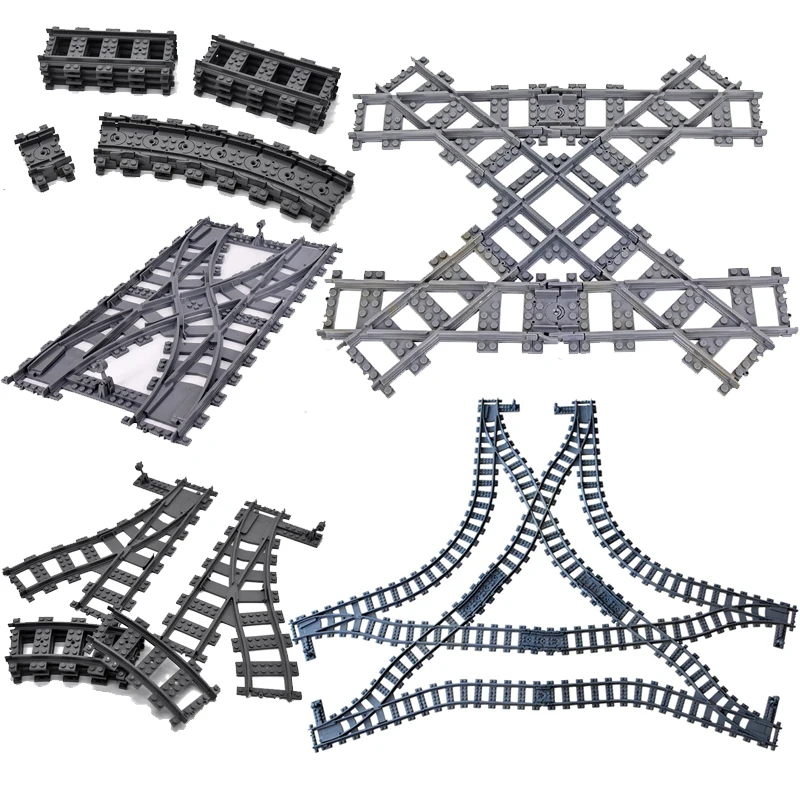 MOC City Train Rail Crossing binari flessibili Forked Straight curvi Rails Switch Building Block mattoni giocattoli creativi fai da te