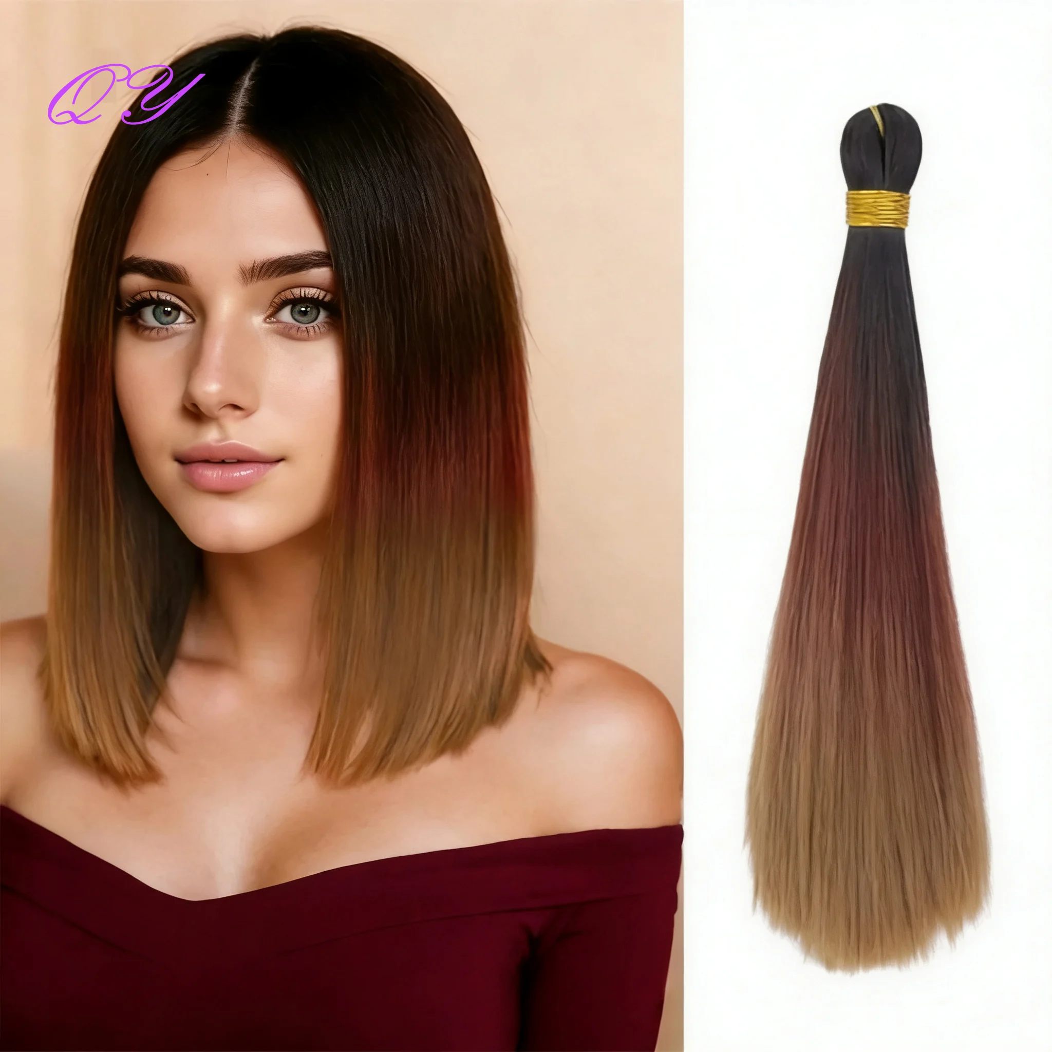 14 بوصة الاصطناعية مستقيم العظام الشعر البني التدرج اللون حريري السلس مستقيم مقبض الشعر للنساء الكروشيه الباروكات المختلفة #1