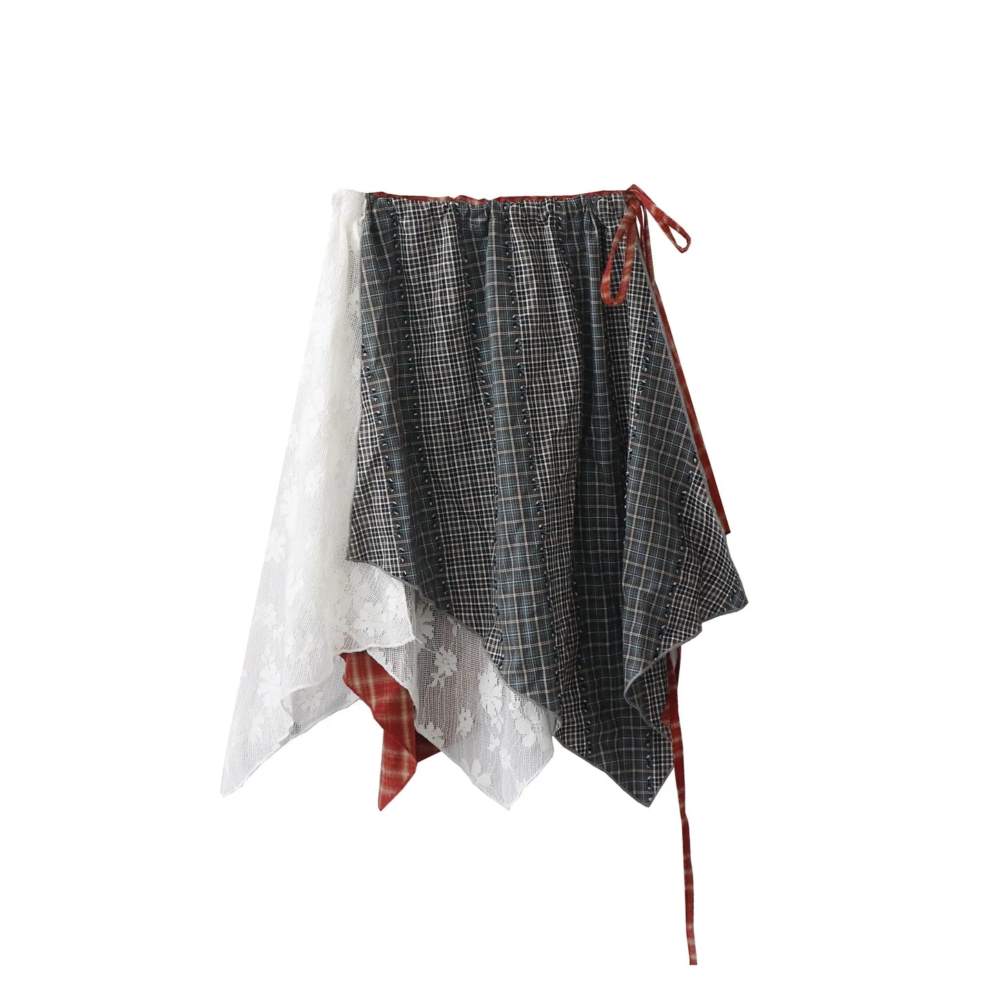 Y2K Forest Style Plaid Skirt Women Irregular Lace Splicing Layering One Piece Lace Up Skirt Curtain Style