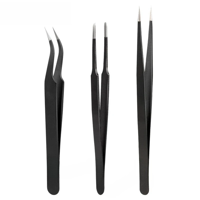 

Tweezers three-piece set, stainless steel long straight tool, pinch clip elbow