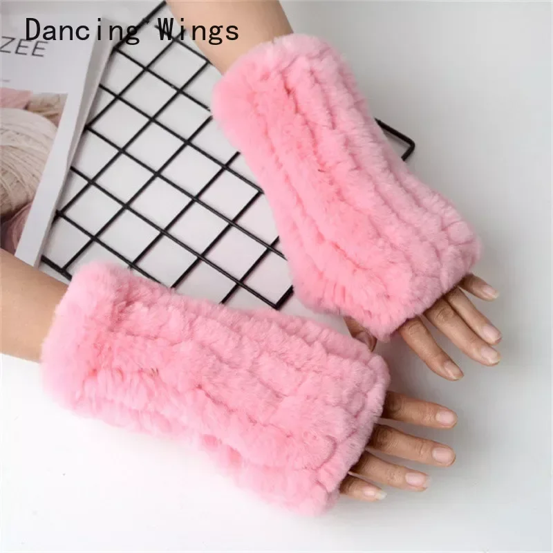 

Wholesale Women's 100% Real Genuine Knitted Rex Rabbit Fur Gloves&Mittens Thick Warm Soft Winter Fingerless Gloves
