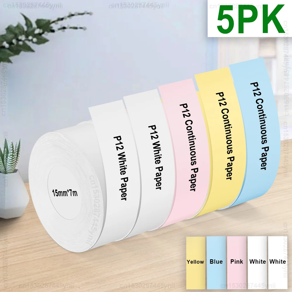 3/5Rolls Marklife P12 Label Maker Tape 15mmx7m Compatible for P12 P15 D30 Label Printer Adhesive Continuous Thermal Label Paper