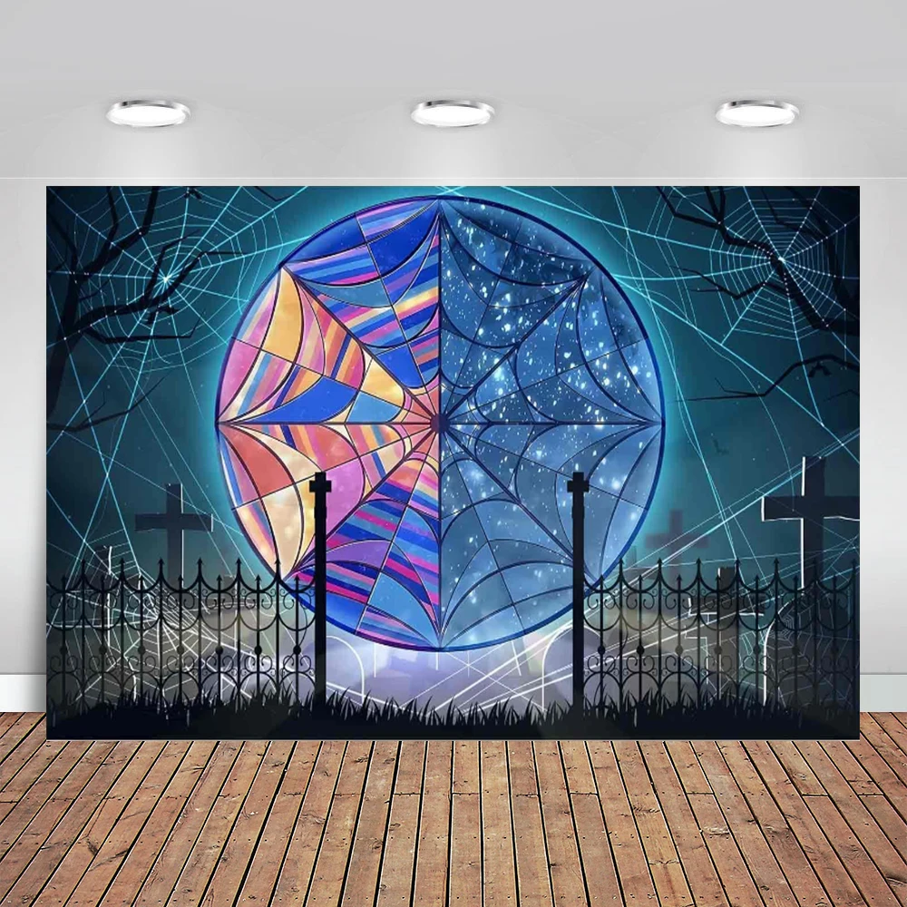 Wednesday Dormitory Window Backdrop Gothic Spider Web Stained Glass Windows Horror Cemetery Night Photography Background