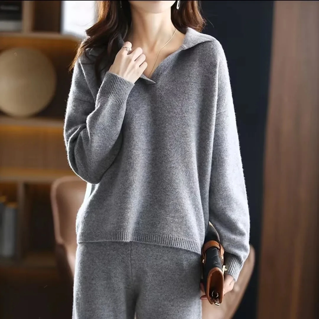 Knit Pullover Sweater 2 Piece Sets Womens V-neck Jersey Tops Suit Spring Fall Knitwear Wide Leg Pants Conjuntos Casual Outfits