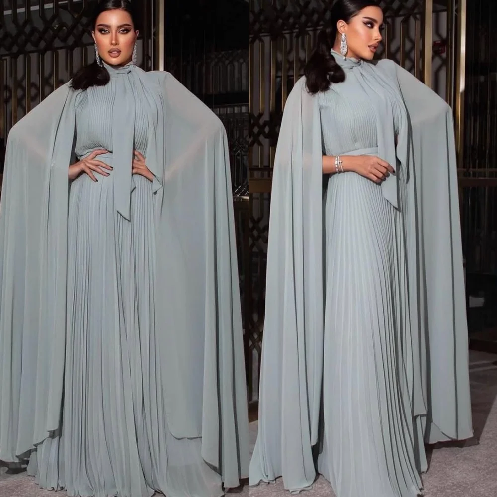 

Customized Temperament Light Blue Chiffon Evening Dress Exquisite High Neckline Shawl Sleeveless Zipper Back Cocktail Dress
