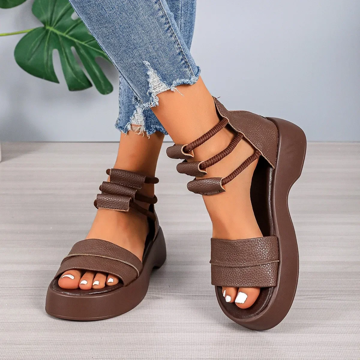 Women\'s  Brown Sandals Black 2024 New Summer Women Leather Cool Ankle Boots Platform Shoes Med Heels Fashion Outdoor Sandalias