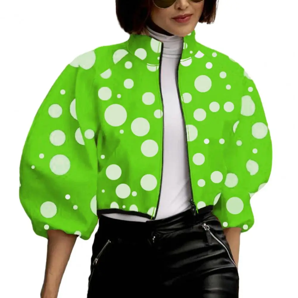 Women Jacket Stand Collar Dot Print Zipper Closure Short Type Loose Long Sleeve Cardigan Coat