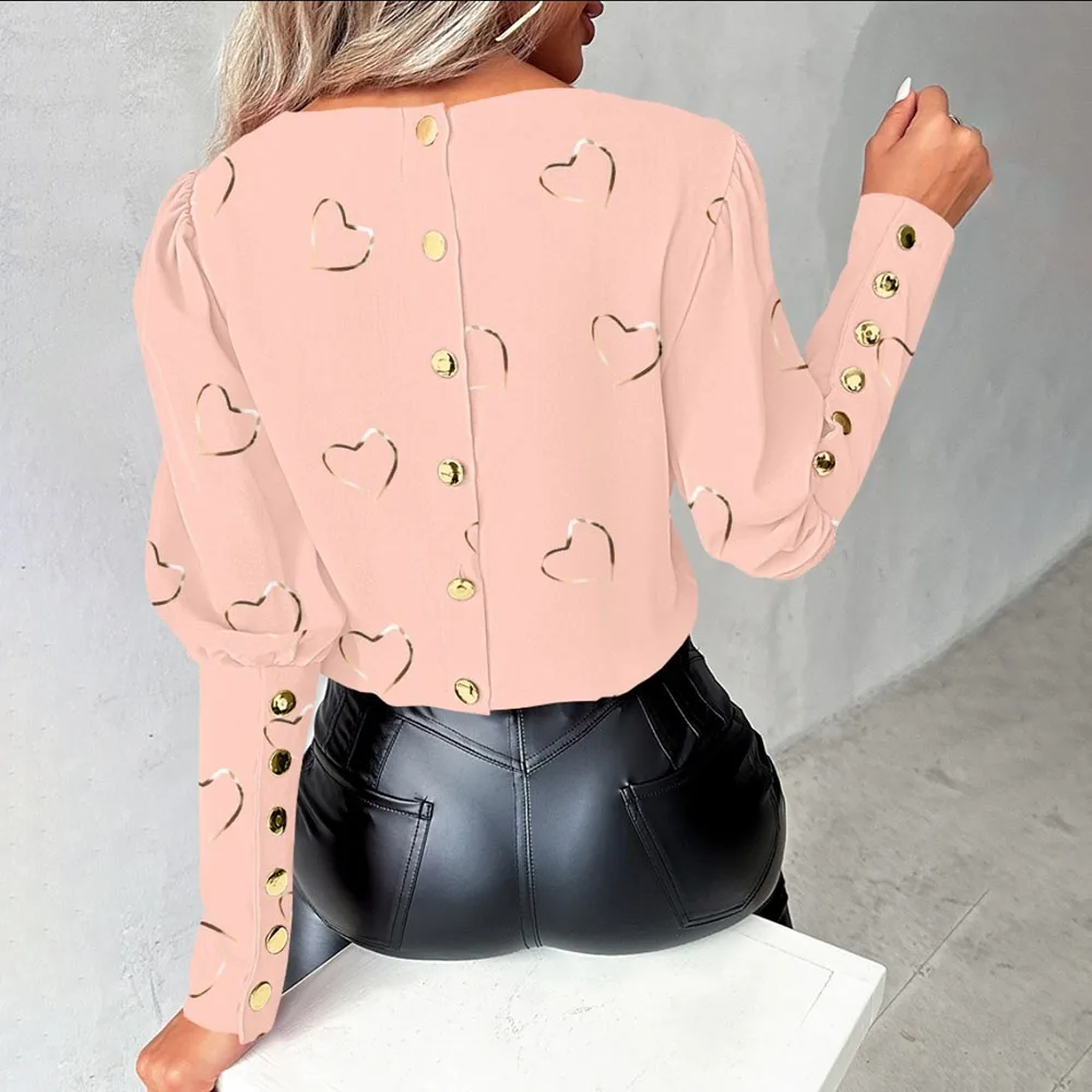 2024 Fashion Chiffon Print Women's Shirt Casual Long Sleeve Top Pink Chic Woman Blouse And Shirts Elegant Blouses