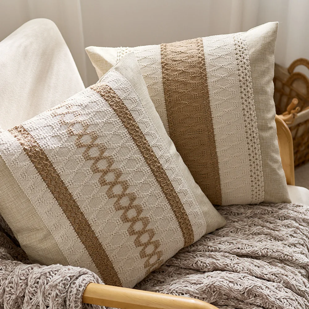 Luxury Beige Cotton Linen Throw Pillow Case Natural Wood Style Cushion Cover for Sofa Living Room Hotel and Model Home Decor