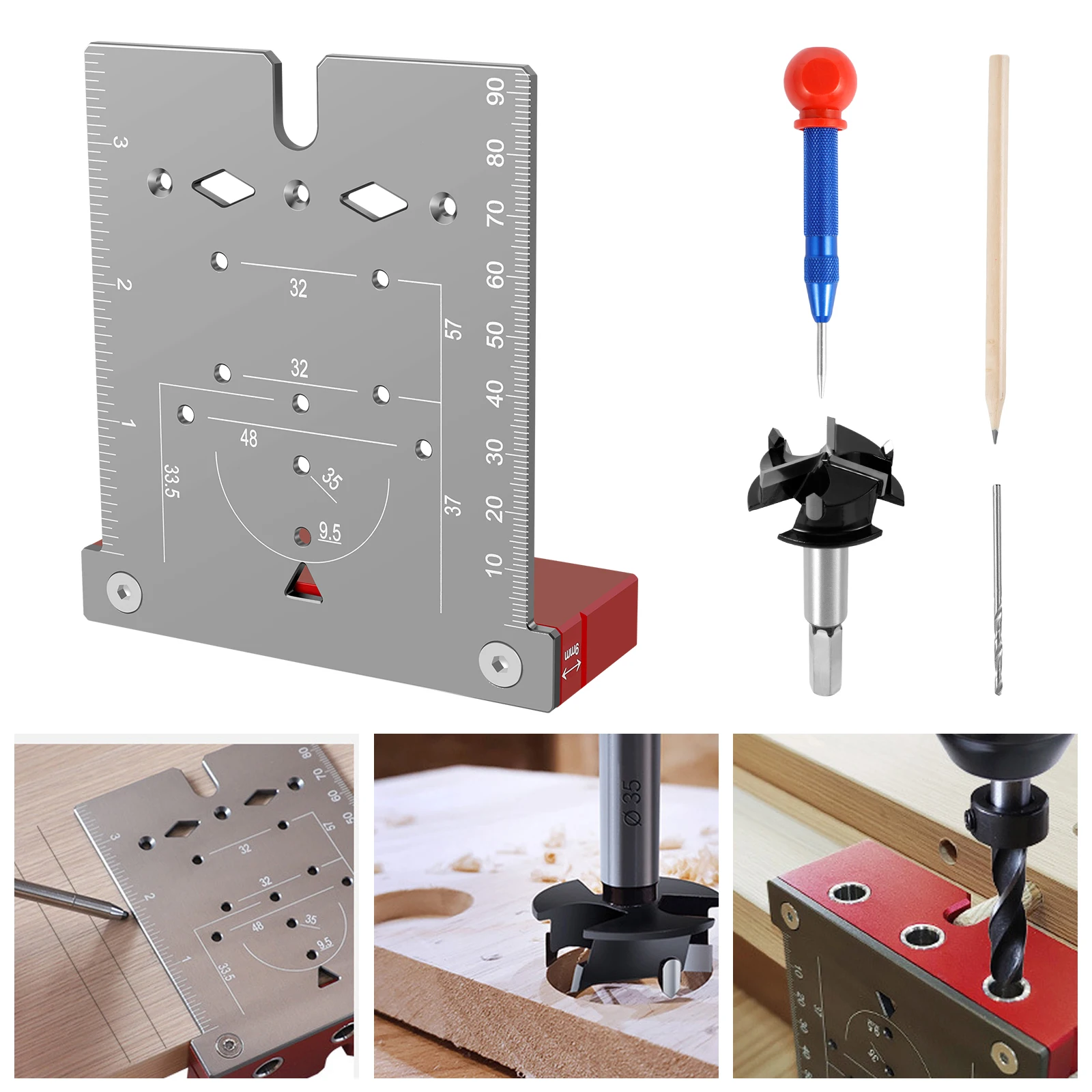 35mm Hinge Punching Locator Aluminum Alloy Hinge Boring Jig with Inch Metric Scale Multi-Function Woodworking Drilling Locator