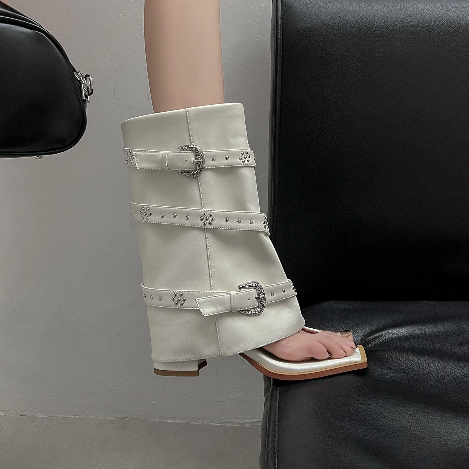 

Summer Cream Microfiber Mid-Calf boots Square toe Pinch toe Slip-on High-heeled Cool boots Large size Rivet boots