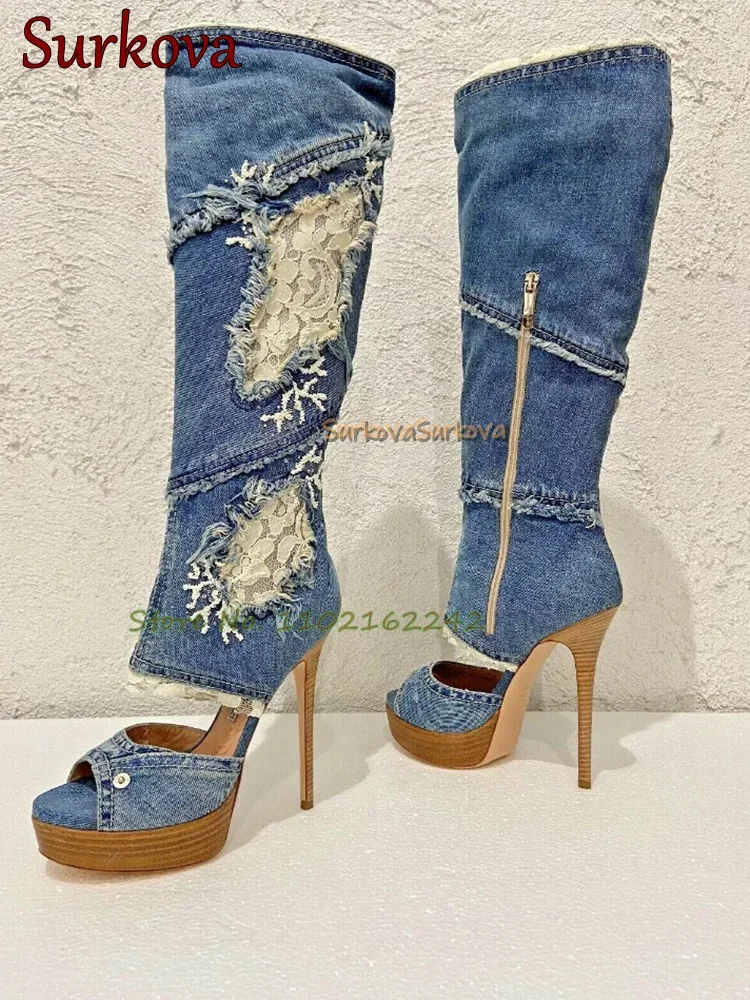 

Blue Denim Open Toe High Heel Knee Boots Round Head Stiletto Side Zipper Embroidered Sandals Sexy Catwalk Runway Shoes Women 46
