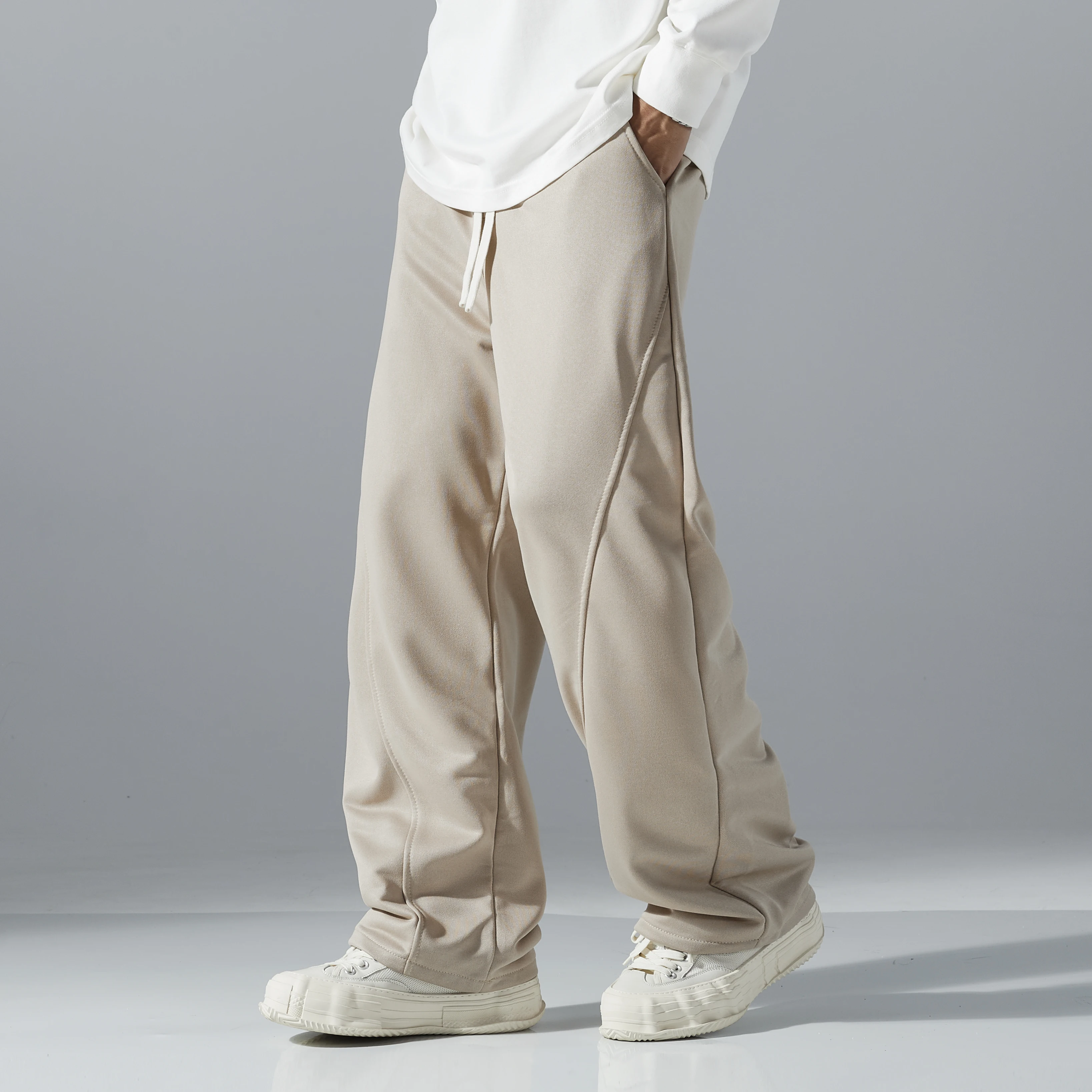 

Men's Simple Drawstring Casual Pants, Loose Straight-Leg Sporty Drape Wide-Leg Trousers