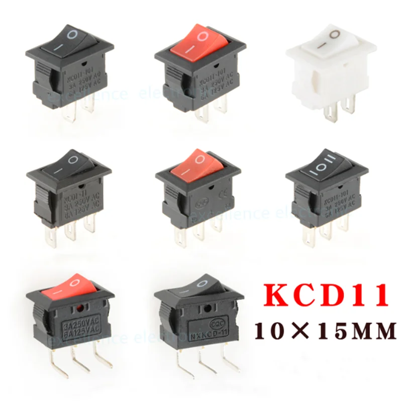 

10 Pcs/lot KCD11 2Pin/3Pin 10x15mm Mini Rocker Switch SPST 3A 250V AC Snap-in On/Off Boat Push Button Switch Black Red White