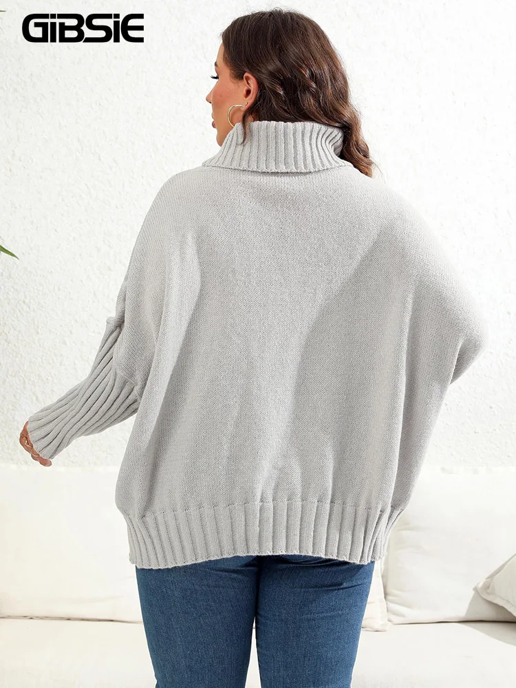 GIBSIE Plus Größe Herz Stickerei Übergroßen Rollkragenpullover Frauen 2024 Herbst Winter Mode Lose Grau Schwarz Gestrickte Pullover