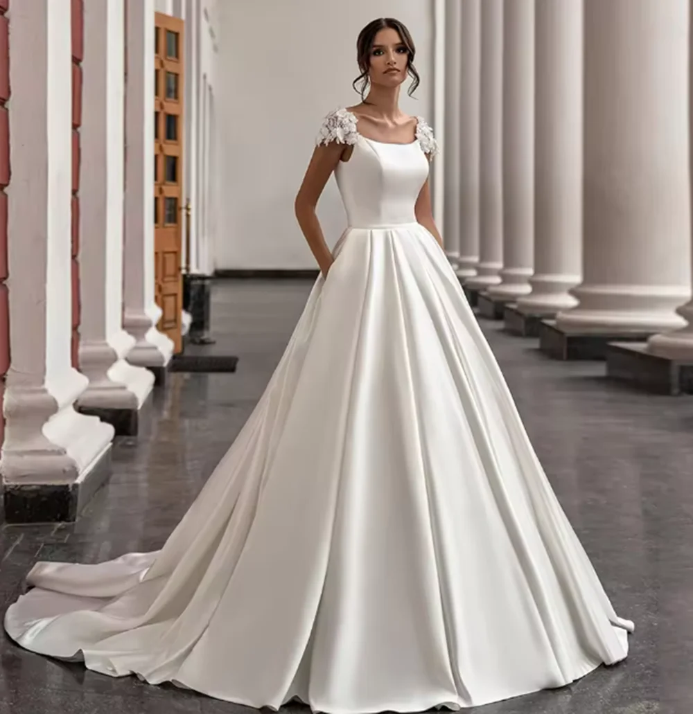 Lindo vestido de casamento de cetim para mulher vestidos de noiva personalizado manga boné flores tribunal trem uma linha vestido de noiva robe de mariee