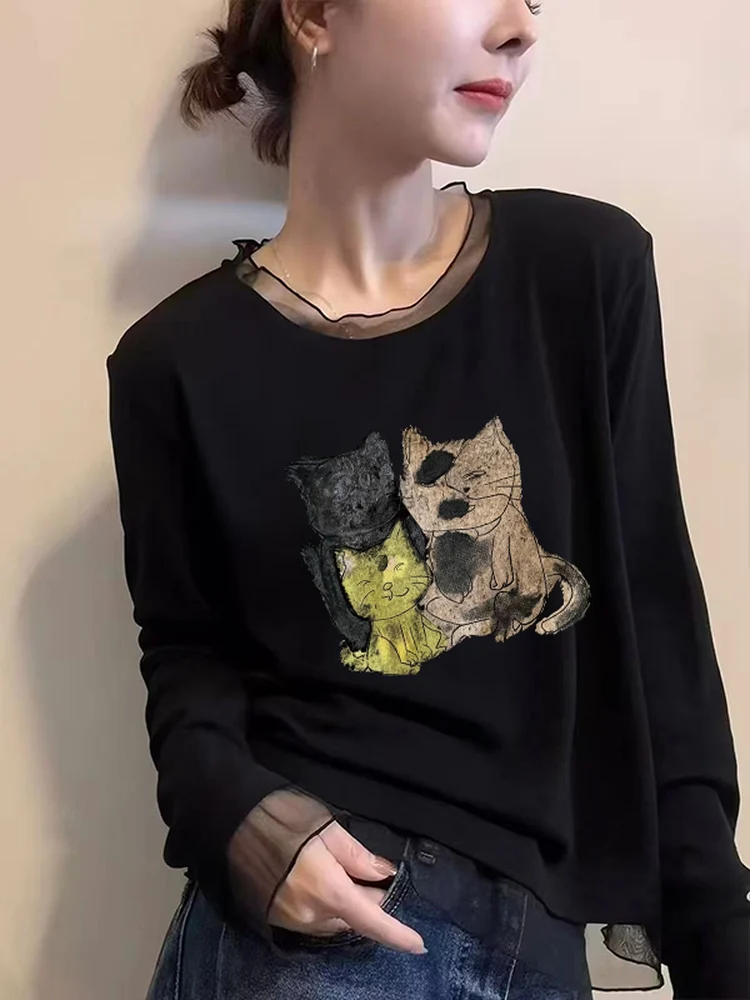 Fashionable Long Sleeve T-Shirt Women's Mesh Lace under Shirt Korean Style Autumn Winter New Style Slimming Top Commute Style
