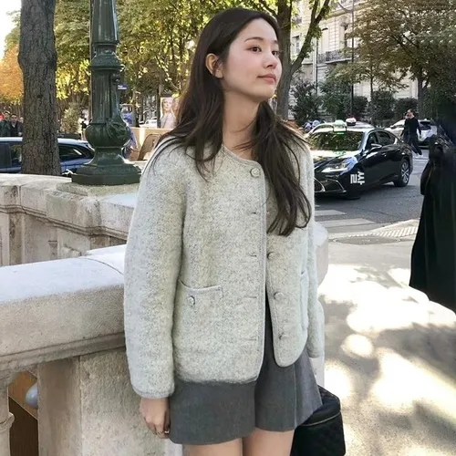 한국 스타일 여성용 외투 코트 통근 루즈핏 단추 포켓 양모 울 여성용 작은 프레임 슬림핏 작은 향기 스타일 코트 외투 코트